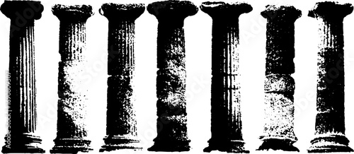 Grunge black and white set of doric columns silhouette for vintage design and poster art