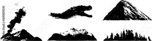 Grunge black and white dragon and mountains illustration set for design and decor