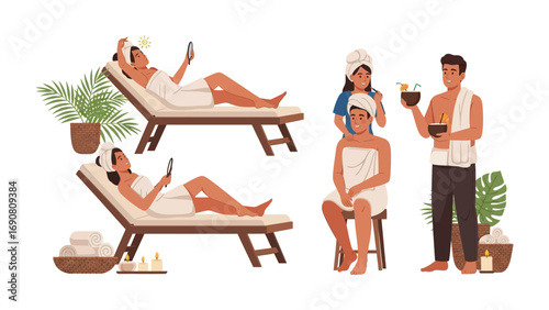 Spa Day Retreat: Illustrative depiction of people at spa day, enveloped in comfort with towels, embracing relaxation. Guests are enjoying tranquility and self-care, complete with refreshing drinks.