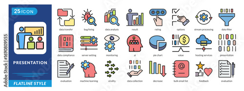 Presentation icon set in flatline style, featuring Backup, Feedback, Big Data, Bug Fixing, AI, Results, Ratings, and Options.