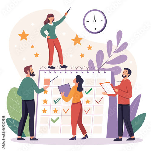 Vector art of effective project planning and time management a team collaborates on a calendar to schedule tasks and meet deadlines