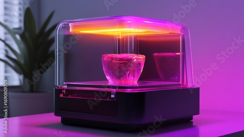A modern 3D printer with a transparent lid and UV light glowing, showcasing an object emerging from the resin tank in ultra HD realism.