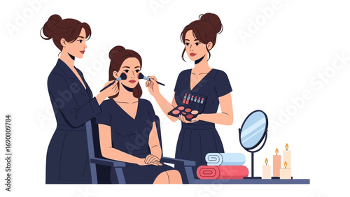 Two professional makeup artists applying cosmetics to a young woman in a salon setting with beauty products and a mirror