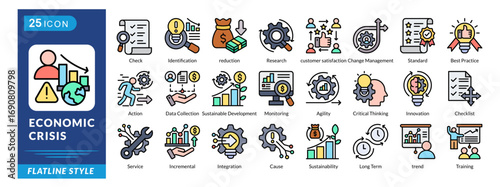 Economic Crisis icon set in flatline style, featuring Innovation, Checklist, Integration, Sustainability, Trends, Training, and Services.