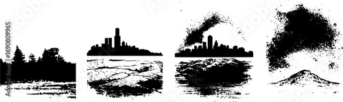 Urban and nature grunge black and white silhouette set for creative design