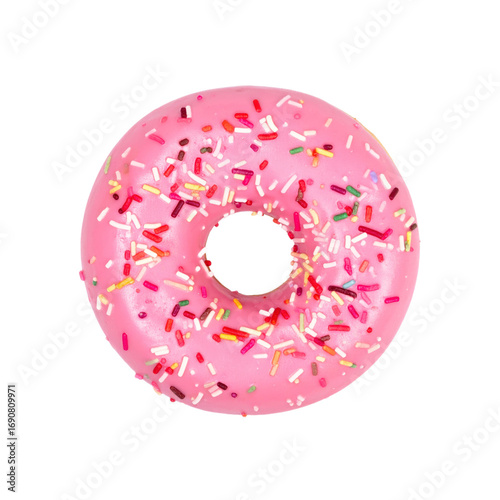 Pink Frosted Donut with Colorful Sprinkles on Transparent Background