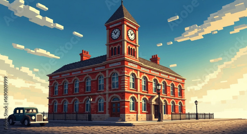 A vintage brick building with a clock tower stands proudly under a blue sky, evoking nostalgia and a sense of timelessness