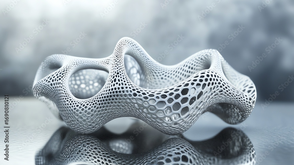 Obraz premium A stunning 3D printed metal lattice structure displayed on a reflective surface showcasing ultra HD realism and intricate design.