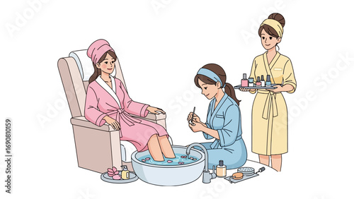 Woman relaxing in spa chair receiving a pedicure from technician while another attendant holds tray of beauty products