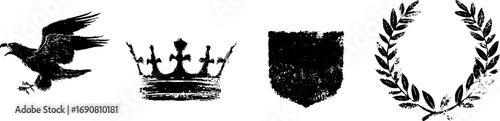 Grunge black and white set featuring eagle, crown, shield, and laurel wreath for artistic design