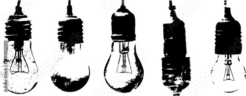 Grunge black and white vintage light bulb set for industrial design projects