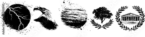 Grunge black and white eagle and nature illustration set for design and print