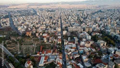 Fototapeta Naklejka Na Ścianę i Meble -  Aerial view around the capitol city Athens in Greece on an early sunny morning in fall.