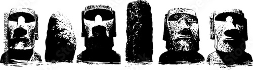 Grunge black and white easter island moai statues set - urban ink stencil art for design