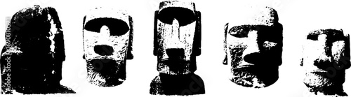 Grunge black and white easter island statue silhouettes for urban art designs