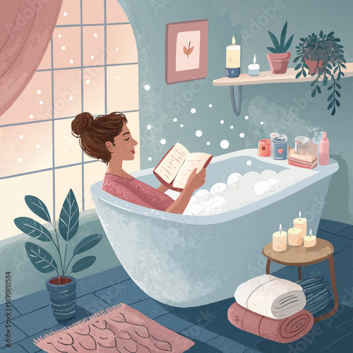Vector art of a woman is relaxing in a bubble bath while reading a book, surrounded by candles, plants, and towels in a cozy bathroom setting illustration