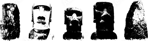 Grunge black and white easter island moai illustration set for wall art or prints