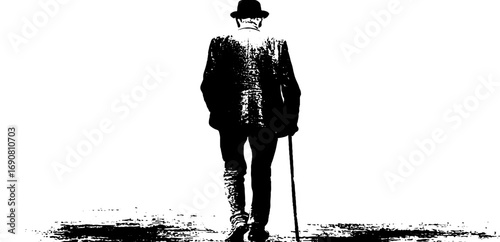 Grunge black and white elderly man silhouette walking with cane, vintage style for urban art design