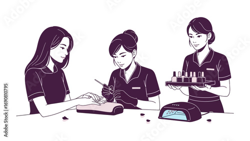 Three skilled manicurists working diligently in a salon applying nail polish and using uv lamps for professional nail care services