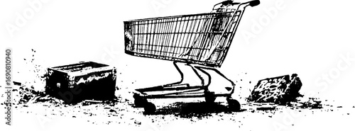 Urban grunge shopping cart and box scene in black and white for creative design