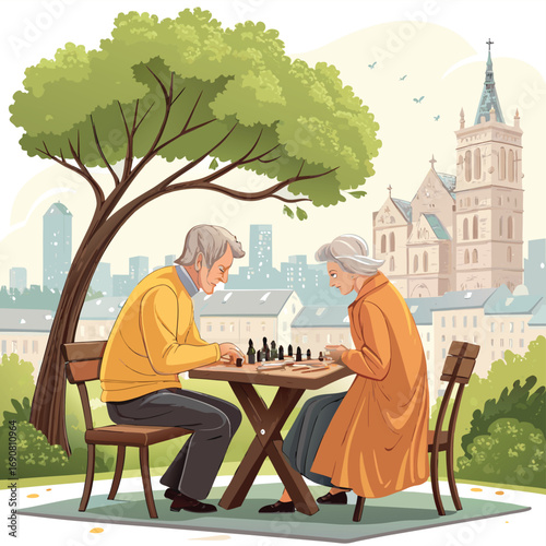 Vector art of elderly couple enjoys a chess game in the park, surrounded by lush greenery and a cityscape backdrop, creating a serene and engaging scene