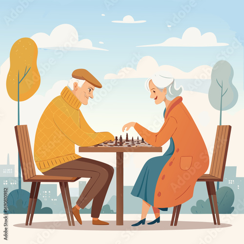 Vector art of elderly couple engages in a friendly chess match outdoors, their faces reflecting concentration and enjoyment, set against a serene backdrop