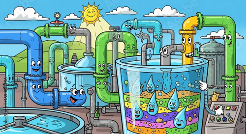 Cartoon illustration of a water purification plant with happy pipes, a glass of layered water, and a smiling sun in the background