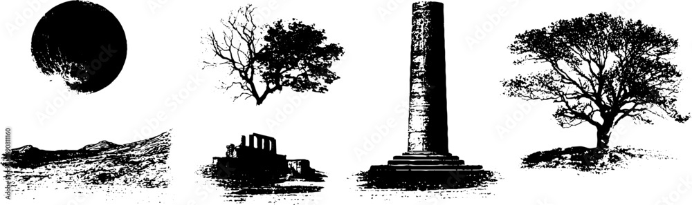 Fototapeta premium Abstract black and white grunge landscape collection featuring nature and ancient architecture elements