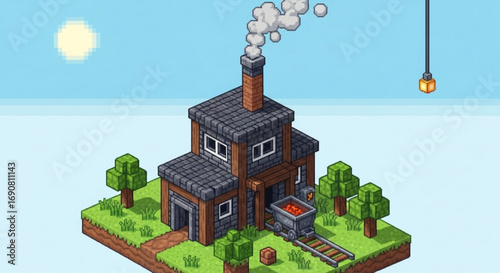 Isometric pixel art illustration of a factory with smoke coming out of the chimney, surrounded by trees and a minecart on a sunny day