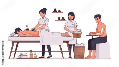 Traditional chinese medicine practitioners performing cupping therapy and acupuncture on a patient in a serene wellness spa setting
