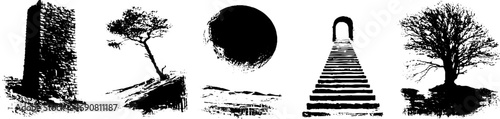 Grunge black and white illustration set of landscapes and structures for creative design