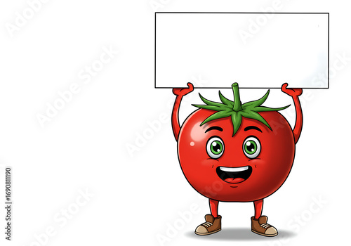 Cheerful Cartoon Tomato Character with Smiling Face Holding Blank White Sign on Bright Background