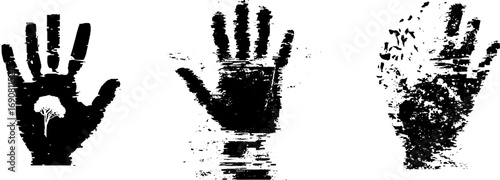 Grunge black and white hand silhouette set featuring distressed textures and exploding patterns