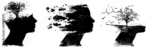 Abstract black and white human profiles with nature tree elements for creative design