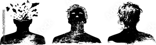 Grunge black and white silhouette set exploding head and abstract portraits for creative design