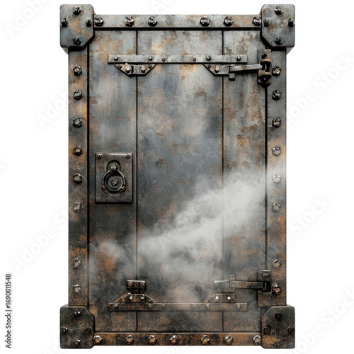 A metal door with a lock and a thick, steamy layer of smoke on it.