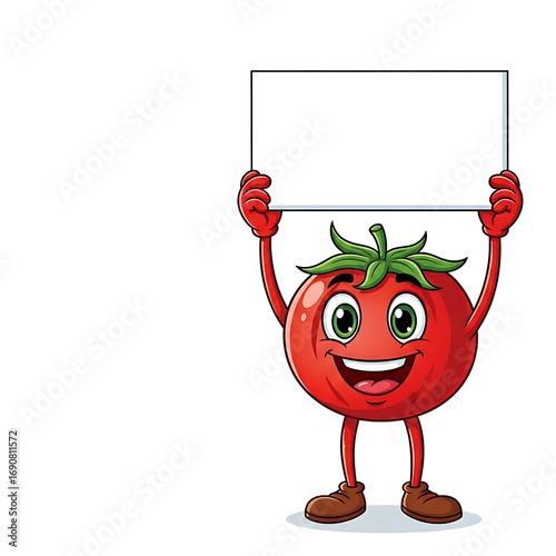 Cheerful Cartoon Tomato Character with Smiling Face Holding Blank White Sign on Bright Background