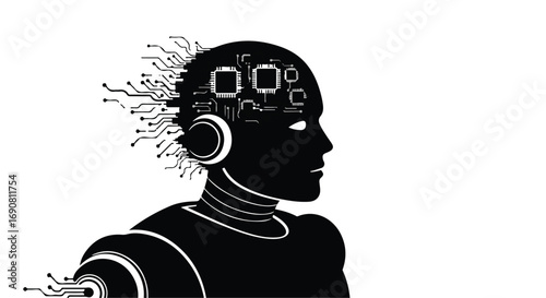 Silhouette of a robotic head with glowing circuits representing artificial intelligence and future technology.