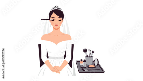 Beautiful bride with elegant makeup and accessories sitting patiently for her wedding day beauty preparation with makeup brushes