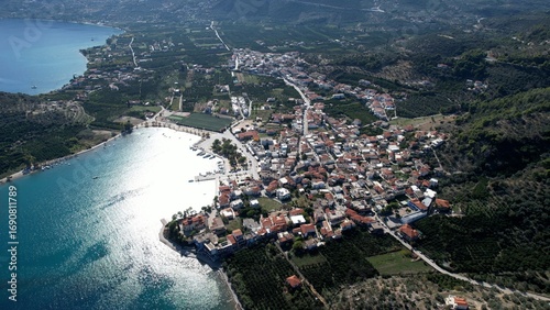 Fototapeta Naklejka Na Ścianę i Meble -  Aerial view around the city and harbour town Epidauros in Greece on a sunny autumn day.