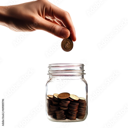 A hand holding a coin over a jar filled with coins.