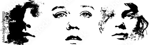 Black and white grunge face illustration set for urban art and design