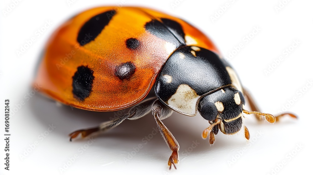 Fototapeta premium Vibrant ladybug macro closeup with detailed spots isolated on white background, emphasizing vivid red and black colors, textured shell, and delicate antennae, perfect for entomology themes