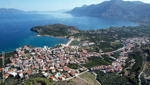 Fototapeta Naklejka Na Ścianę i Meble -  Aerial view around the city and harbour town Epidauros in Greece on a sunny autumn day.
