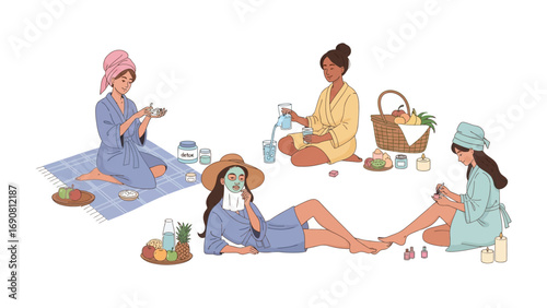 Four diverse women enjoying a relaxing spa day at home with face masks and manicures surrounded by beauty products and fresh fruit
