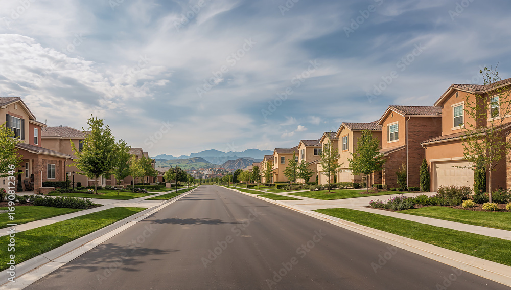 Fototapeta premium Scenic Neighborhood Street with Modern Homes and Nature