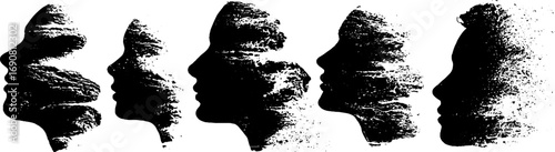 Grunge black and white face silhouette set - urban tribal ink designs for creative art projects
