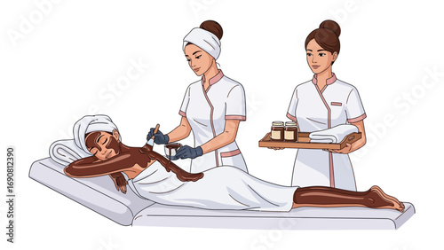 Two professional spa therapists in white uniforms providing a relaxing facial and body treatment to a client lying on a massage bed