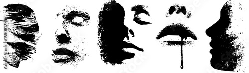Grunge black and white abstract face set for urban design and artistic projects