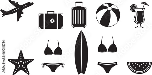 Summer travel icons in black and white design for vacation, trip, and holiday concepts